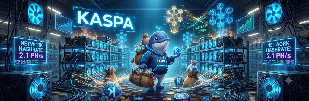 Humpy carrying bags of coins inside an illustrated Kaspa mining room