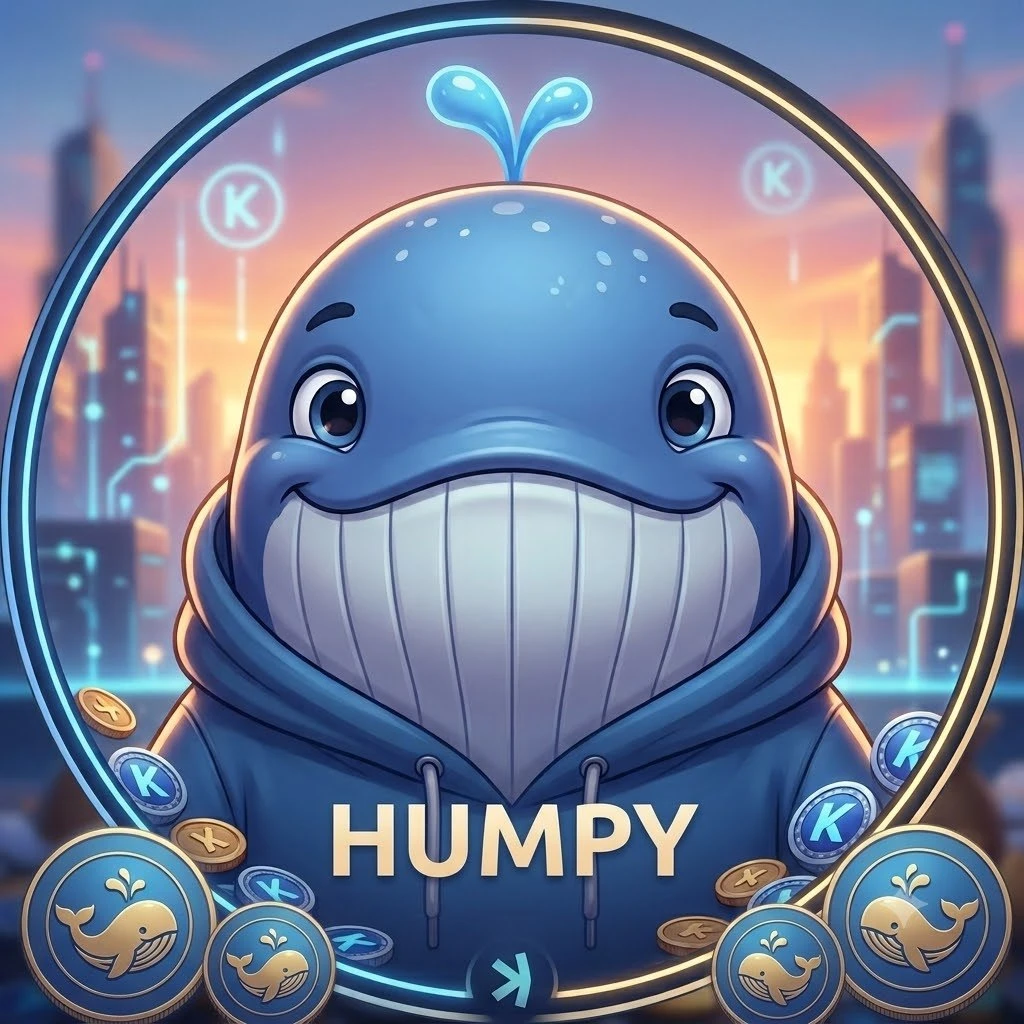 Humpy, a smiling blue whale in a navy hoodie, surrounded by Kaspa coins